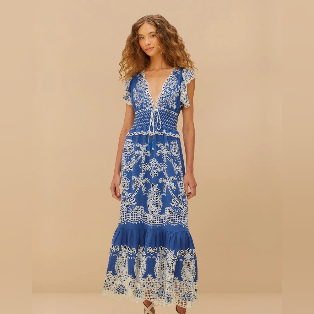 FARM Rio Blue and White Embroidered Maxi Dress